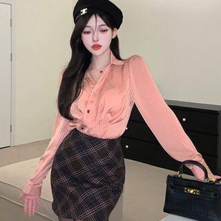 Puff-shoulder Button-up Ruched Shirt / High Waist Argyle Mini Skirt