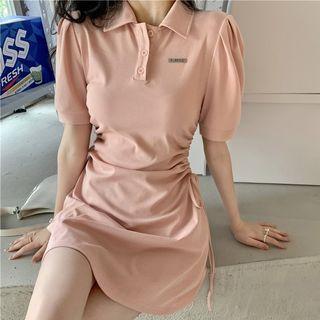 Short-sleeve Lapel Drawstring A-line Dress