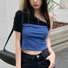 Mock Two-piece Cold-shoulder T-shirt Blue & Black - One Size