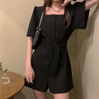 Puff-sleeve Square Neck Single Breasted Playsuit