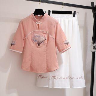 Set: Traditional Chinese Elbow-sleeve Embroidered Top + A-line Midi Skirt