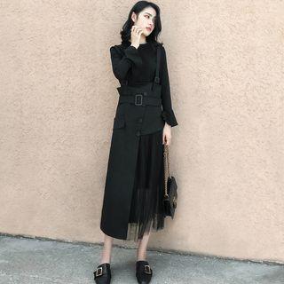 Set: 3/4-sleeve Blouse + Mesh Panel Midi Pinafore Dress