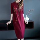 Embroidered Elbow-sleeve Midi Knit Dress