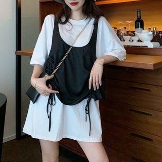 Crew-neck Elbow-sleeve T-shirt Dress / Drawstring Tank Top