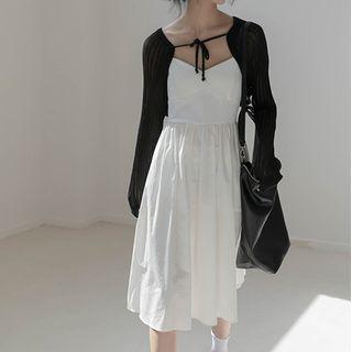 Set: Spaghetti Strap Midi A-line Dress + Cardigan