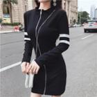 Zip-front Long Sleeved Striped Sheath Dress
