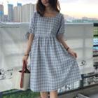 Square Neck Bow Accent Check Dress Blue - One Size