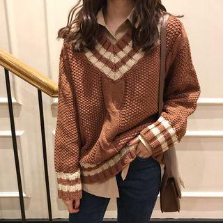 Striped-trim Cable Knit Sweater