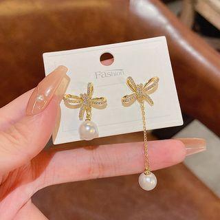 Bow Rhinestone Faux Pearl Asymmetrical Alloy Dangle Earring E2592 - 1 Pair - Gold - One Size