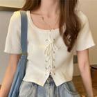 Short-sleeve Lace-up Ribbed Knit Top