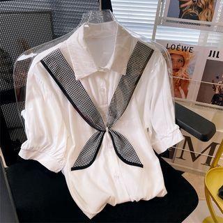 Short-sleeve Plaid Scarf Top