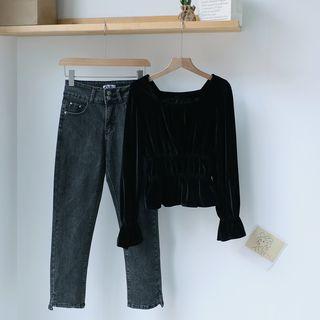 Square-neck Velvet Blouse / Straight-cut Jeans