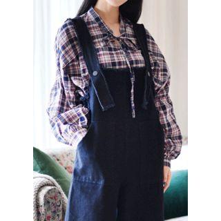 Tie-neck Balloon-sleeve Plaid Blouse