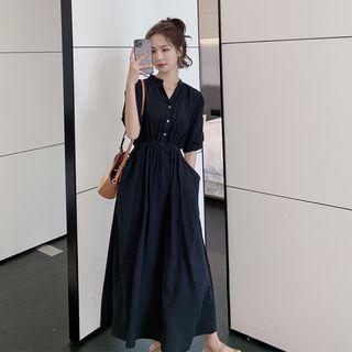 Plain Short-sleeve Stand-collar A-line Dress