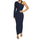 Long-sleeve One-shoulder Knit Maxi Sheath Dress