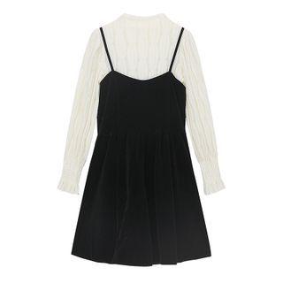 Set: Long-sleeve Lace Top + A-line Overall Dress