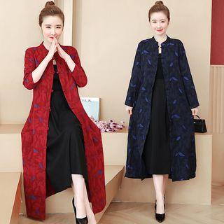 Leaf Print Frog-button Slit Midi Coat