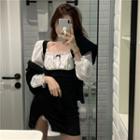 Puff-sleeve Paneled Shirred Sheath Dress