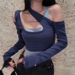 Mock Two Piece Long-sleeve Cutout Cropped Top