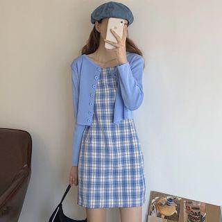 Spaghetti Strap Plaid Midi Dress / Cropped Cardigan