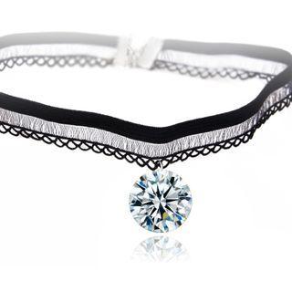Rhinestone Lace Choker X222 - Black - One Size