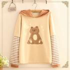 Bear Print Stripe Panel Ear-accent Hood Sweatshirt As Shown In Figure - One Size
