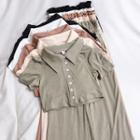 Set: Short-sleeve Collar Button-up Crop Top + Wide Leg Pants