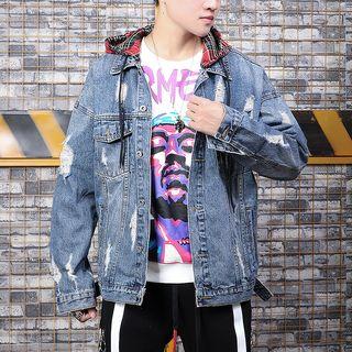 Plaid Hooded Buttoned Ripped Denim Jacket