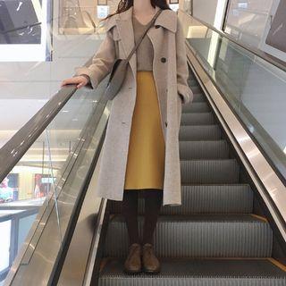 Single-breasted Midi Coat / High-waist Midi Straight-fit Skirt / V-neck Long-sleeve Knit Top