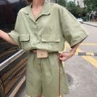 Elbow-sleeve Shirt Playsuit With Belt