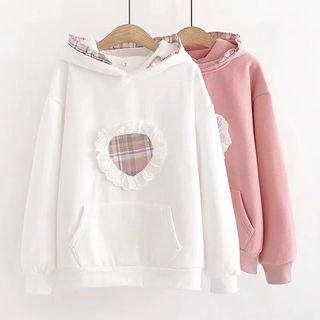 Lace Trim Plaid Panel Hoodie