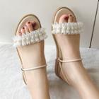 Faux Pearl Ruffle Strap Flat Slide Sandals