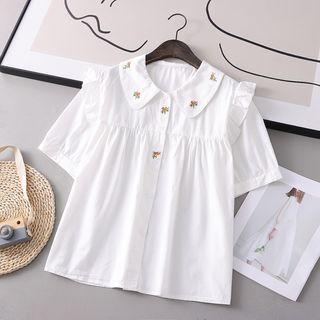 Short Sleeve Floral Embroidered Ruffle Shirt White - One Size