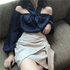 Long Sleeve Off-shoulder Blouse / Asymmetric Skirt