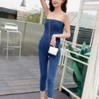 Strapless Smocked Cropped Denim Jumpsuit