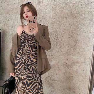 Plain Blazer / Spaghetti Strap Zebra Print Midi Dress