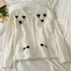 Round-neck Embroider Floral Button-up Cardigan White - One Size