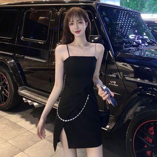 Spaghetti-strap Rhinestone Slim Fit Split Dress