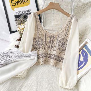 Puff-sleeve Knit Panel Tunic