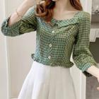 Long-sleeve Checked Cropped Blouse