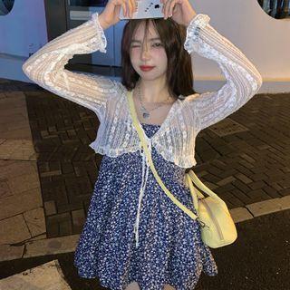 Strapless Floral Mini A-line Dress / Long-sleeve Ruffle Trim Tie-strap Cardigan