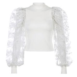 Lace-sleeve Ribbed Knit Top