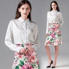 Set: Plain Shirt + Floral Print A-line Skirt