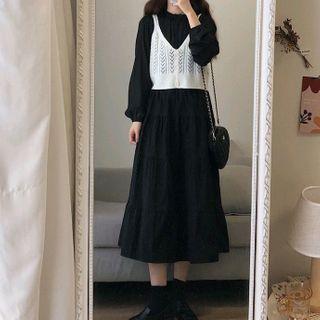 Spaghetti Strap Knit Top / Long-sleeve Midi A-line Dress / Set
