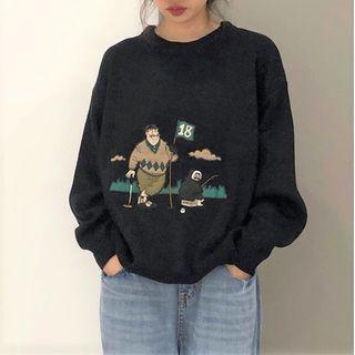 Cartoon Embroidered Sweatshirt Black - One Size