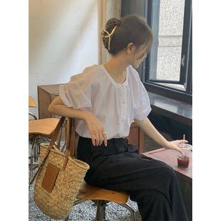 Puff-sleeve Round Neck Plain Blouse White - One Size