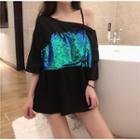 3/4-sleeve Sequined Paneled T-shirt