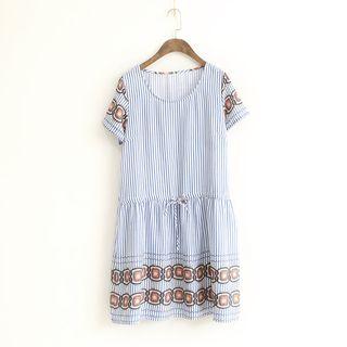 Striped Short Sleeve Drawstring Waist Dress