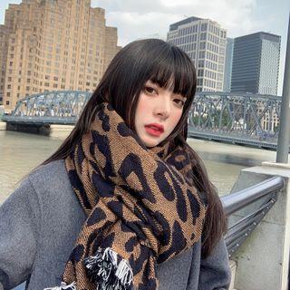 Leopard Print Fringed Shawl Coffee - 60cm-80cm