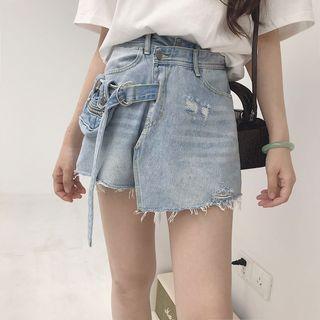 Distressed Tie-front Denim Wide-leg Shorts